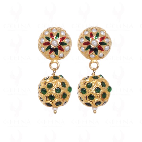 Pearl & Emerald Color Stone Studded Jadau Bead Earrings Le011003