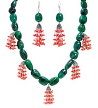 Coral & Emerald gemstone tumble bead shape necklace & earring set NP1460 photo 1