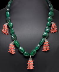 Coral & Emerald gemstone tumble bead shape necklace & earring set NP1460 photo 4